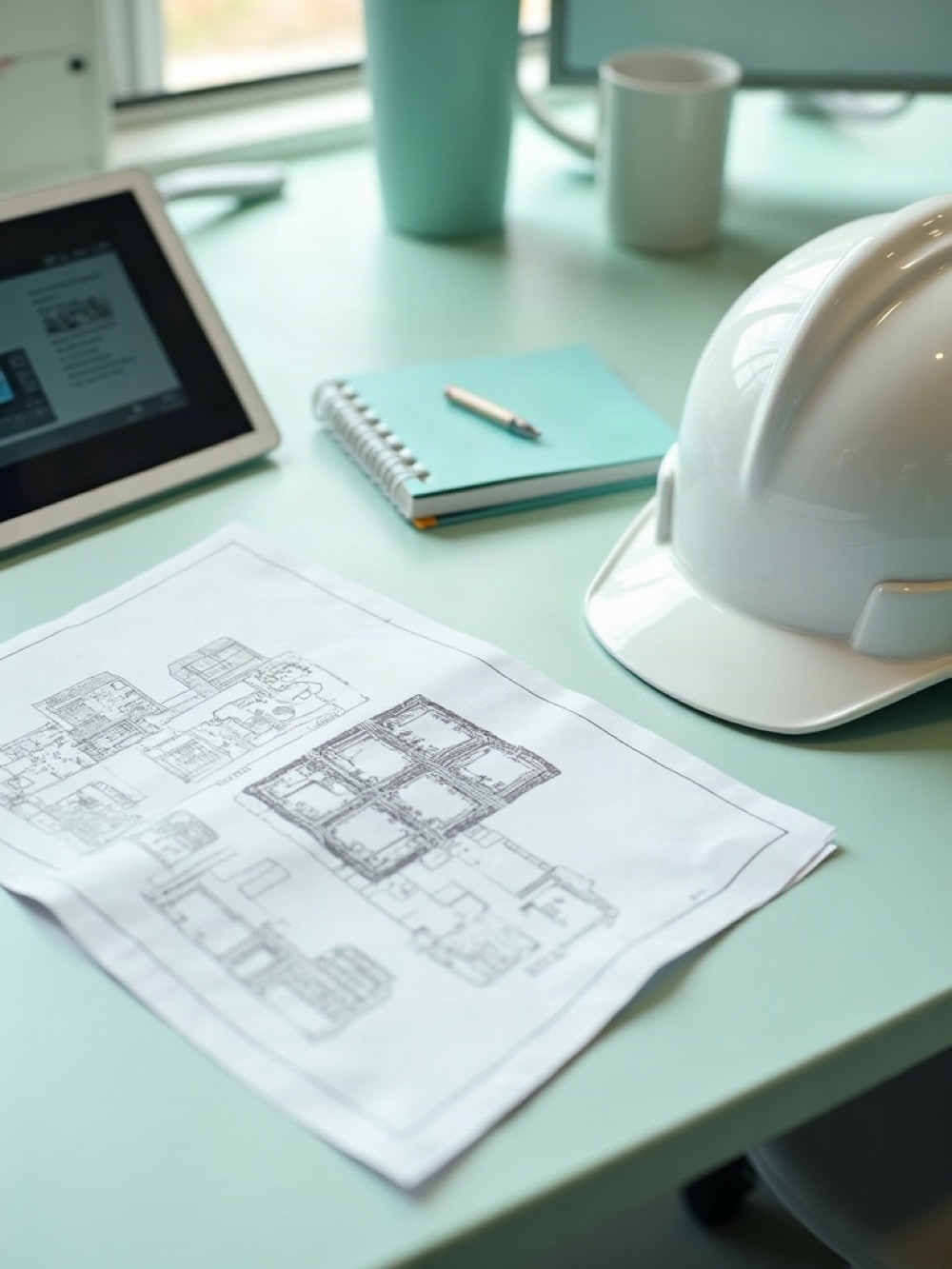 Desk with building plans and a hard hat in the ADOS office