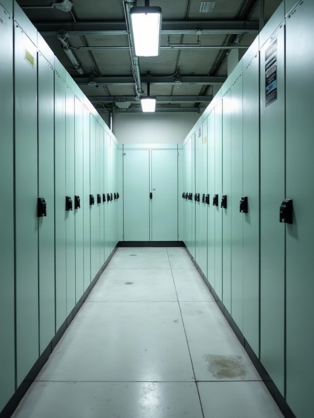 Closed electrical cabinets in a commercial switch room